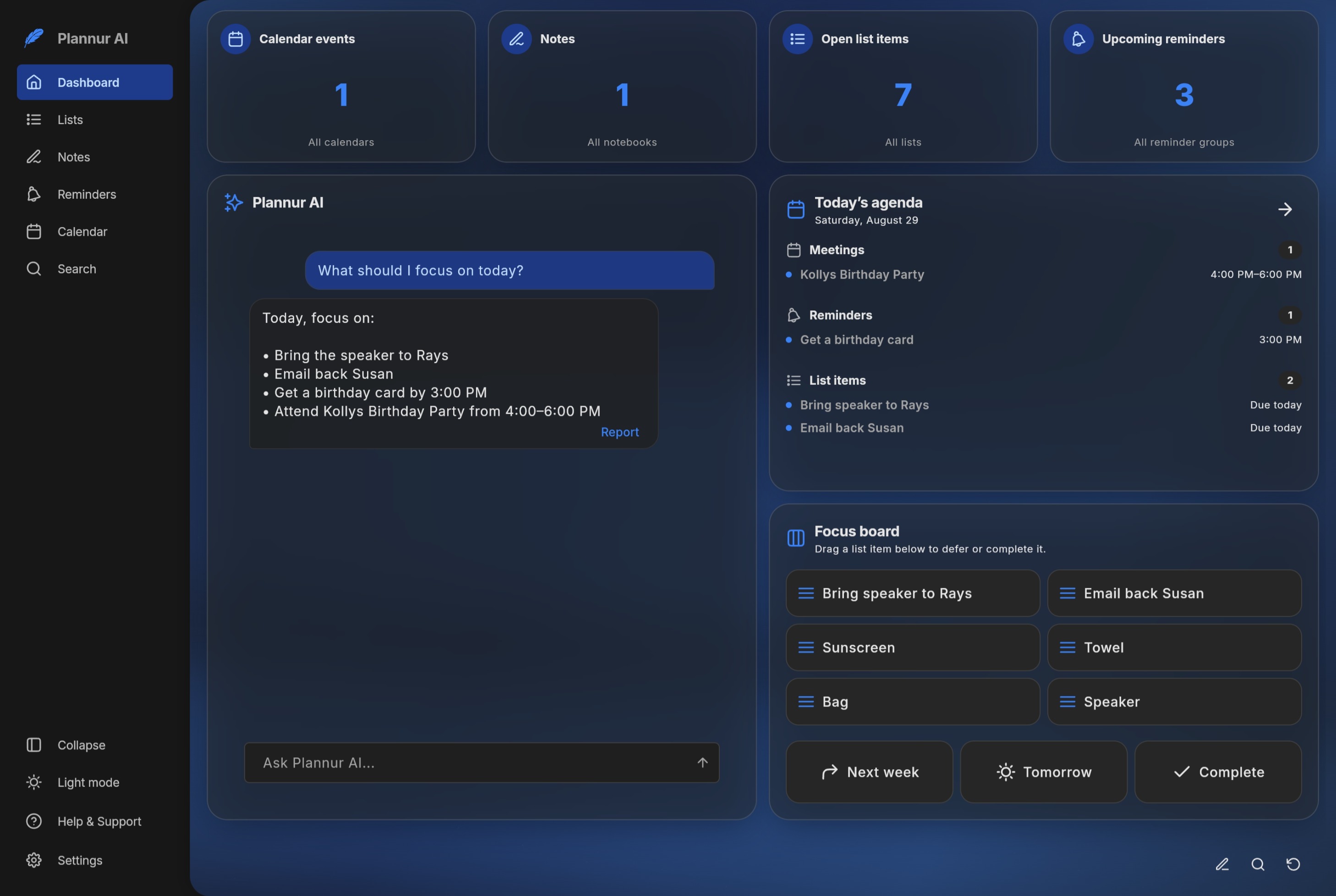 Plannur Today dashboard