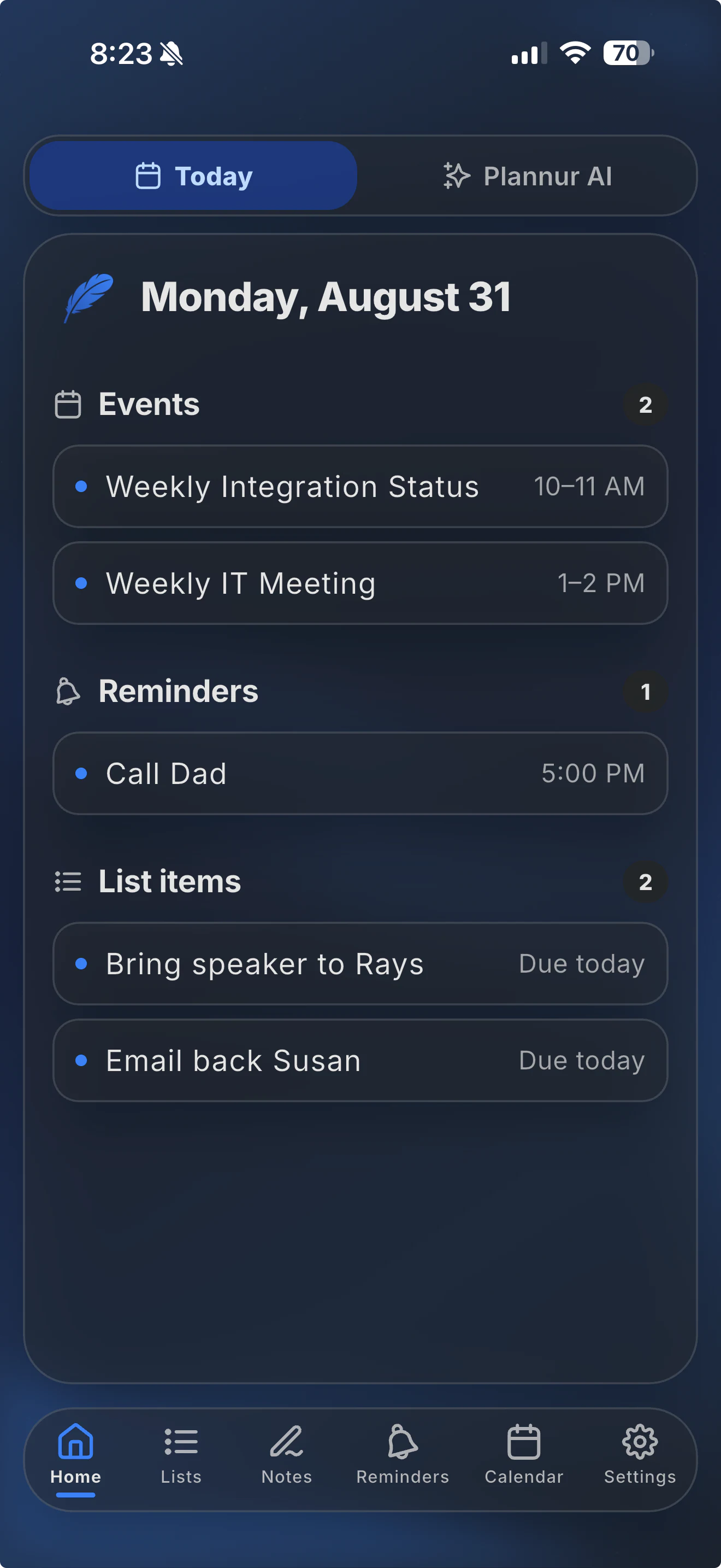 Plannur mobile dashboard showing today’s events, reminders, and list items